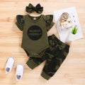 Short Sleeves For Baby And Infants Letter Romper Camouflage Pants Three-piece Set